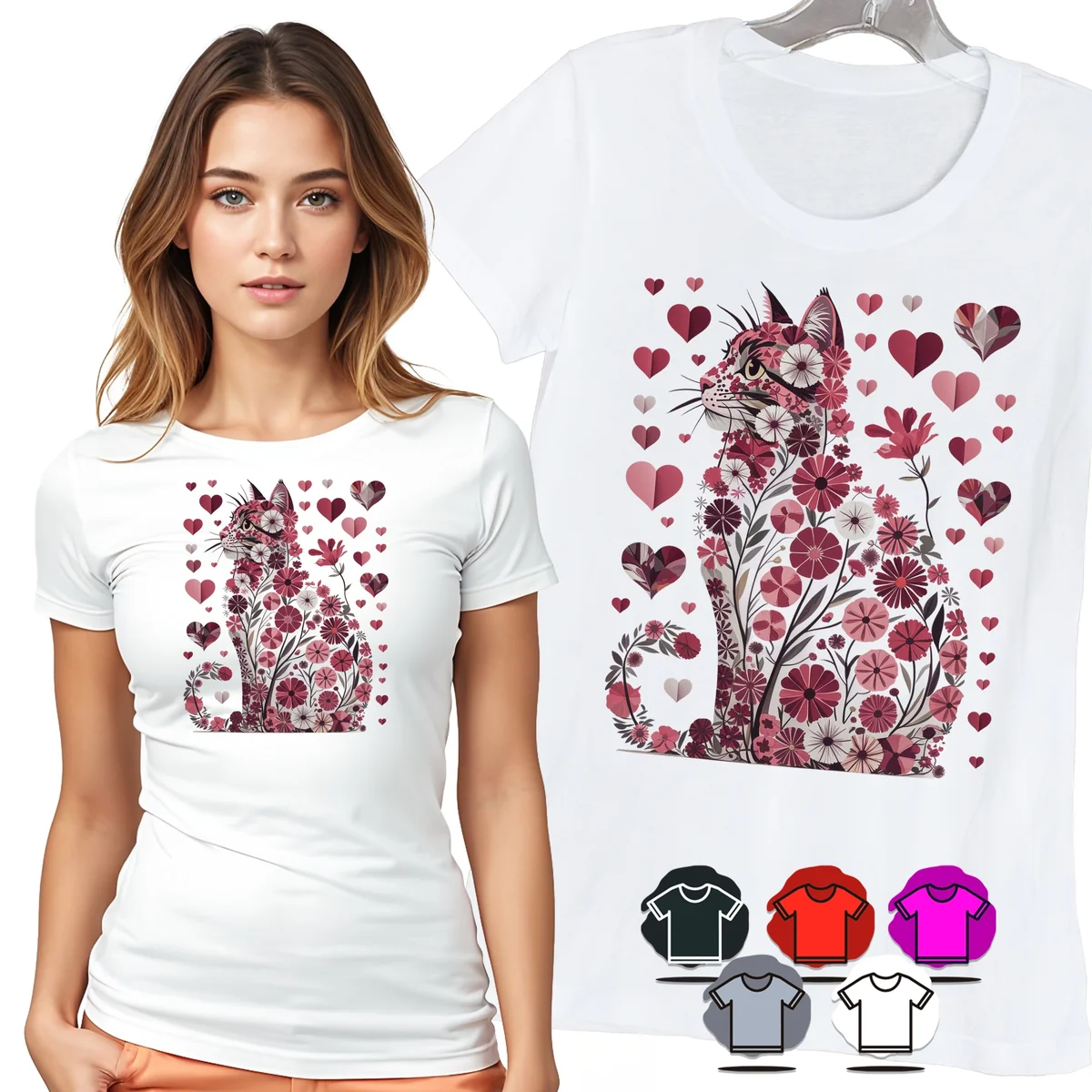 KOSZULKA DAMSKA T-SHIRT - KOT W KWIATACH I SERCACH RÓŻOWY WZÓR MODNY - M