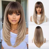 Inne - TEMU Elegancka Peruka w Kolorze Blond Ombre z Grzywką - Proste Warstwowe Włosy Syntetyczne, Gęstość 150%, Matowe Wykończenie, Idealna na Codzienną - miniaturka - grafika 1
