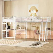Łóżka dla dzieci i młodzieży - Łóżko piętrowe 90 x 200 cm, dwa łóżka piętrowe, stolik pod łóżkiem, podwójne schody, wysoka balustrada, białe - miniaturka - grafika 1