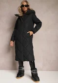 Kurtki damskie - Czarna Pikowana Kurtka Płaszcz za Kolano z Kapturem Kinassan - miniaturka - grafika 1
