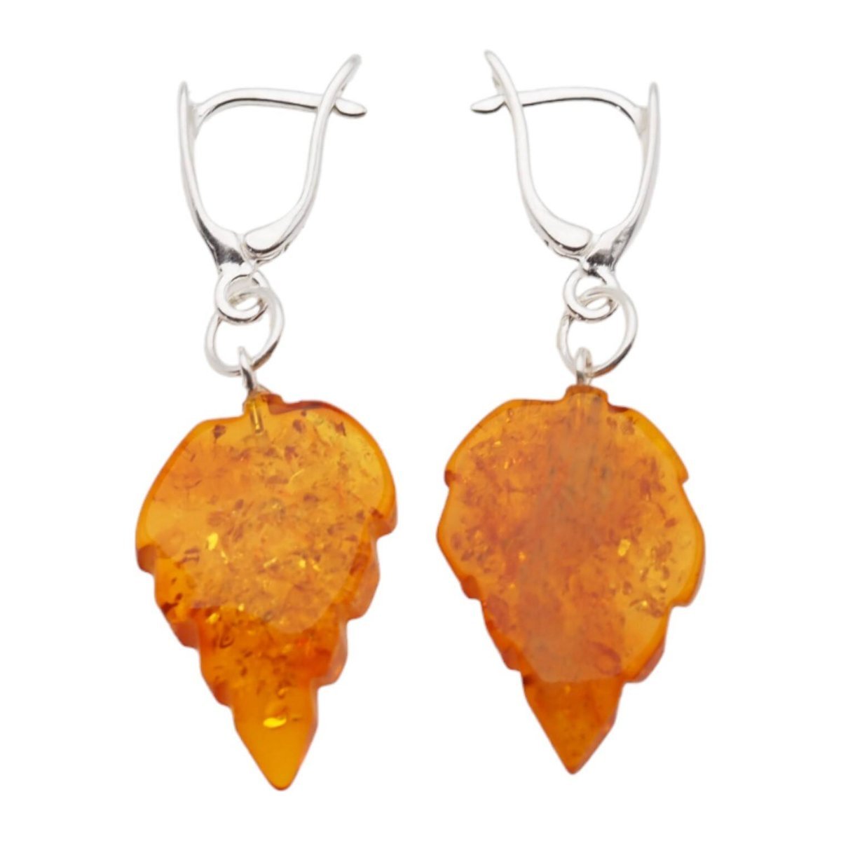 Kolczyki - koniakowy Bursztyn rzeźbione liście i srebro-1