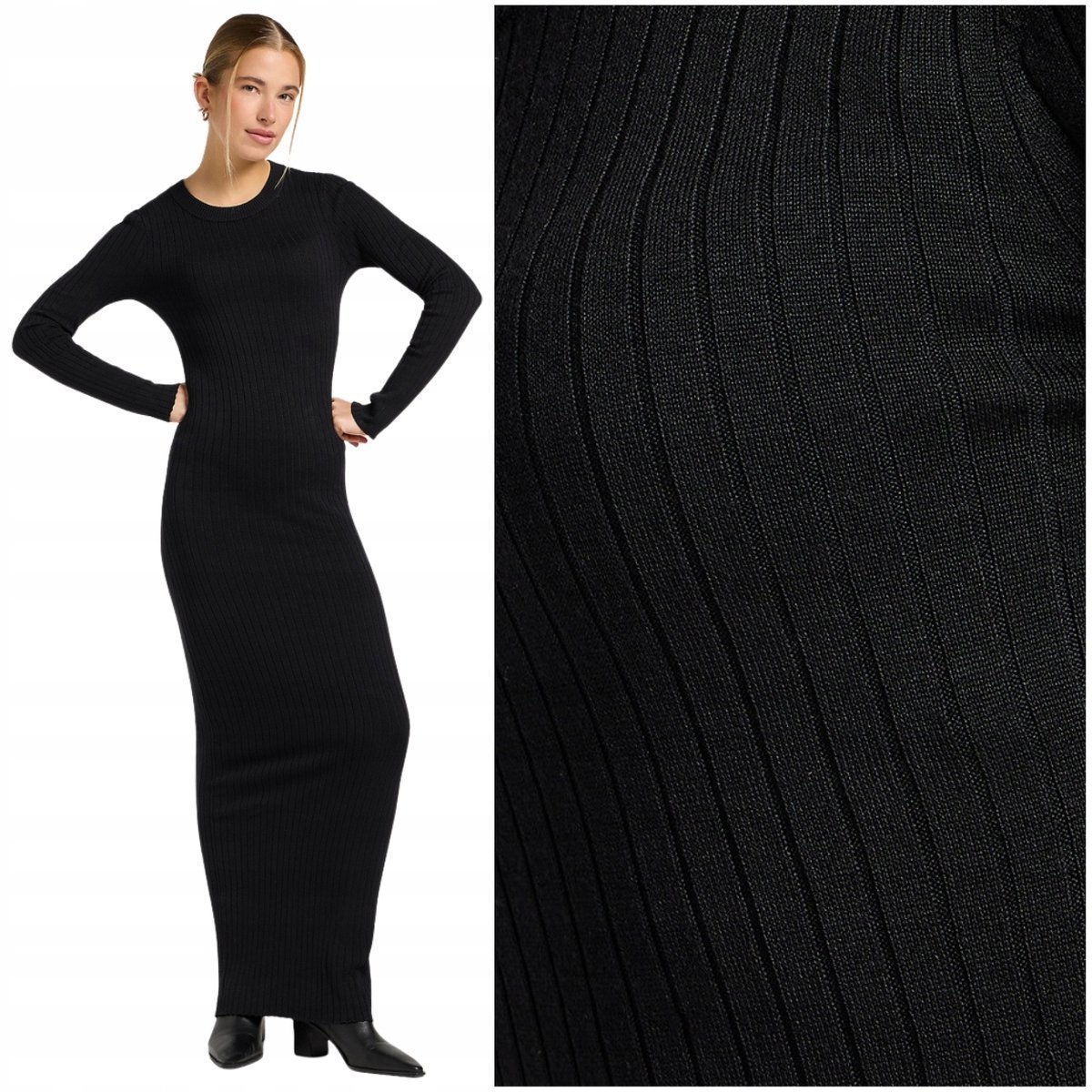 Lee Crew Neck Maxi Dress Unionall Black dopasowana długa czarna sukienka M
