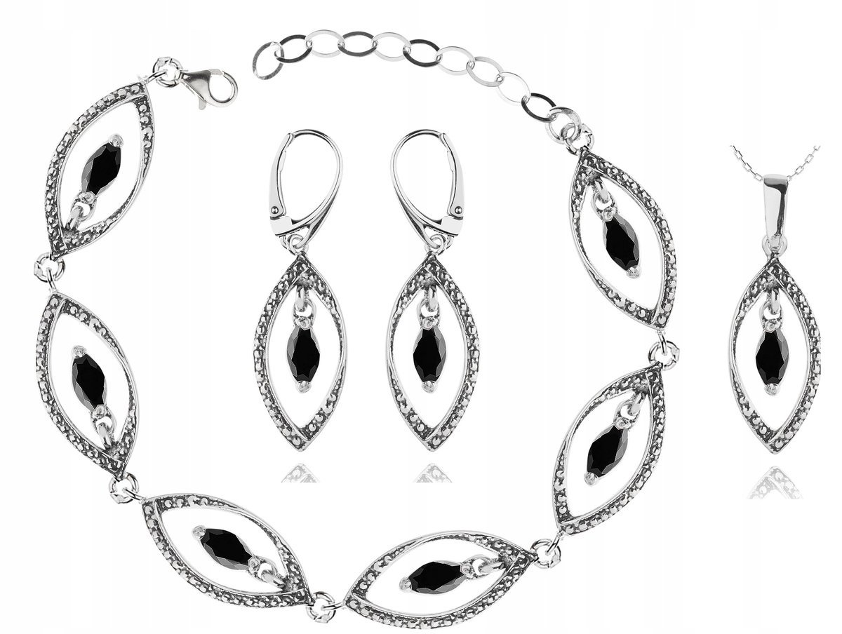 Srebrny Komplet Biżuterii Z Czarnymi Cyrkoniami