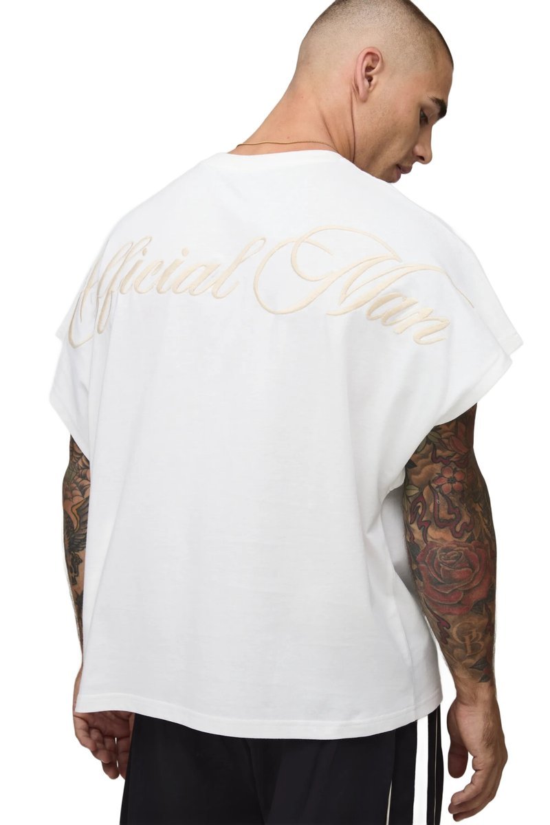 BOOHOOMAN BIAŁY T-SHIRT MĘSKI Z HAFTEM NA PLECACH KRÓTKI RĘKAW M Z3A*