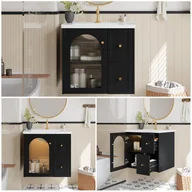 Szafki łazienkowe - Szafka łazienkowa wisząca z pojedynczą umywalką ceramiczną - 1 drzwi szklane i 2 szuflady - 60,5 x 47,5 x 57 cm - diody LED - MDF - czarna - miniaturka - grafika 1