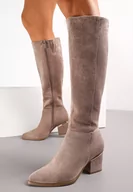 Kozaki damskie - Ciemnobeżowe Kozaki na Ozdobnym Słupku Przed Kolano Liamia - miniaturka - grafika 1