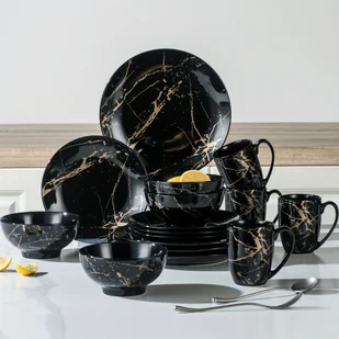 TEMU Czarne zestawy talerzy i misek dla 4 osób, 16-częściowe zestawy obiadowe z porcelany, ceramiczny zestaw naczyń z glazurą ze złotymi plamami, - Inne - miniaturka - grafika 1