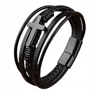 Bransolety męskie - Brasoletka Męska CZARNA SKÓRZANA KRZYŻ krzyżyk na rzemyku skóra MAGNES - miniaturka - grafika 1