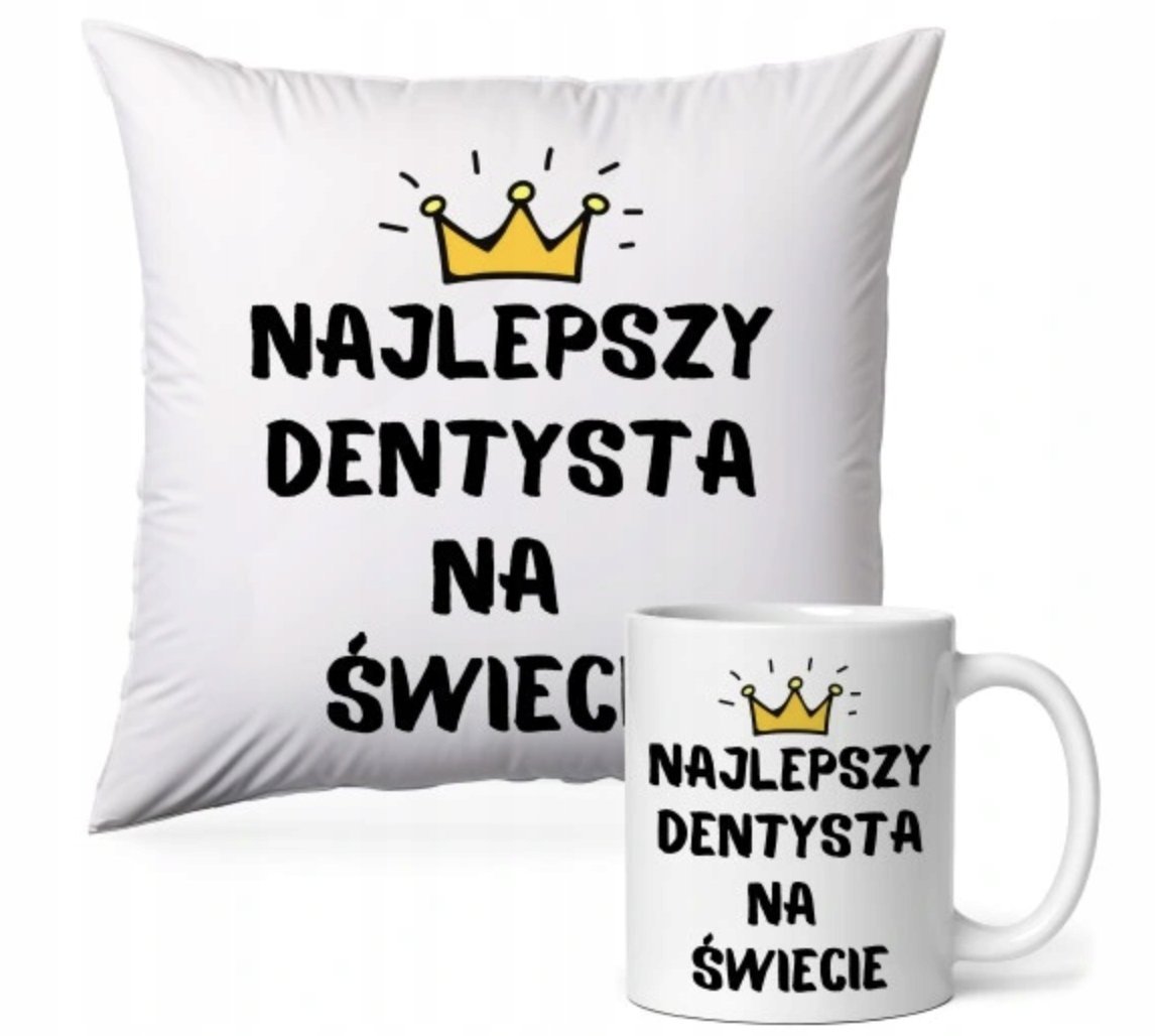 ZESTAW PODUSZKA + KUBEK Prezent Dla Dentysty Zęby + IMIĘ #14