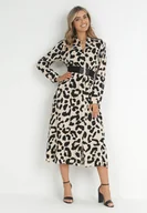 Sukienki - Beżowo-Czarna Sukienka Koszulowa w Cętki z Paskiem Kalandra - miniaturka - grafika 1