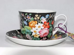 P4Y, Duża Filiżanka 370 Ml + Spodek Kwiaty, Black - Filiżanki - miniaturka - grafika 1