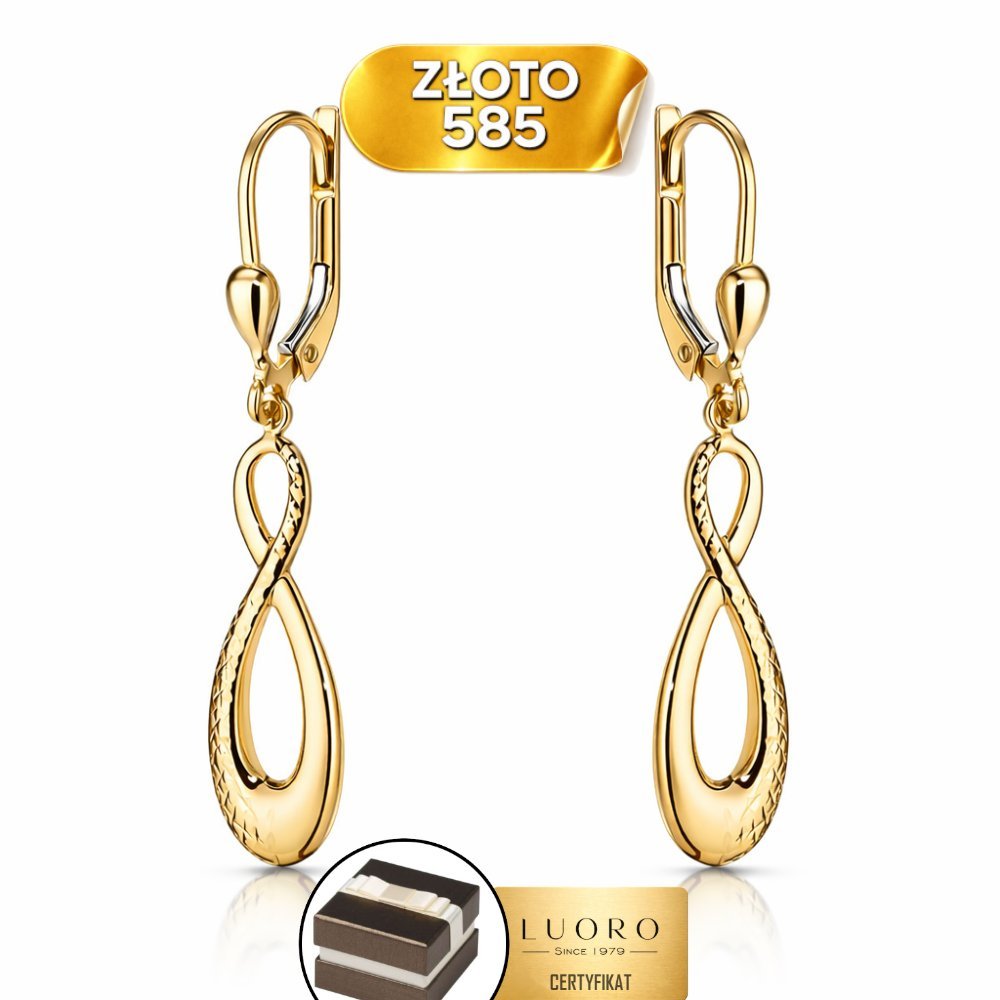 KOLCZYKI ZŁOTE 585 14K ZNAKI NIESKOŃCZONOŚCI DIAMENTOWANE 40 MM PRESTIŻ