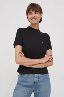 Koszulki sportowe damskie - Tommy Hilfiger t-shirt bawełniany damski kolor czarny z półgolfem - grafika 1