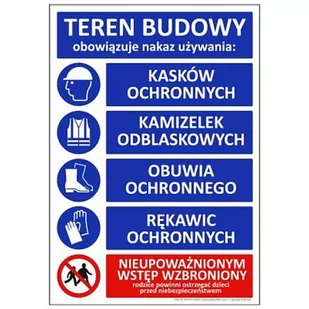 T005 PL - "Teren Budowy, obowiązuje nakaz używania:" na oznakowanym terenie, płyta wodoodporna 3mm, -20 do 90°C - 1000x700 mm. - Tablice BHP - miniaturka - grafika 1