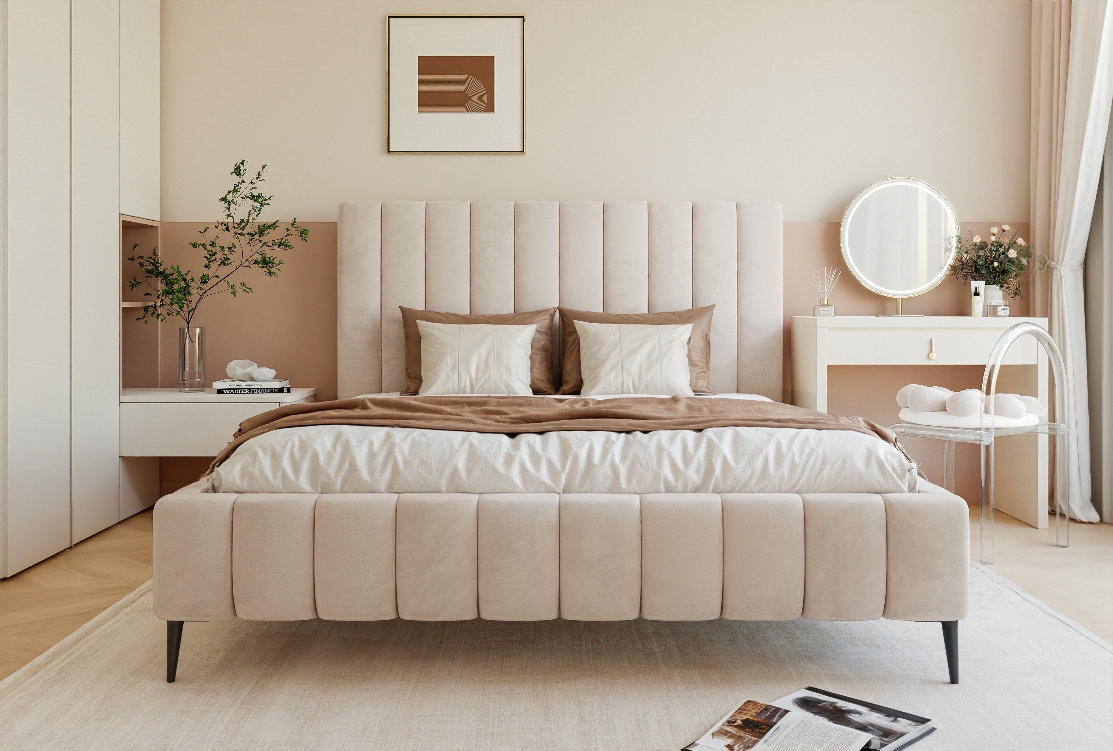 Besilio Möbel - Łóżko podwójne 200x200 Tina II Slim aksamitna tkanina - Designerskie łóżko z listwową ramą, wezgłowiem i podstawą łóżka - Beige & Velluto 02