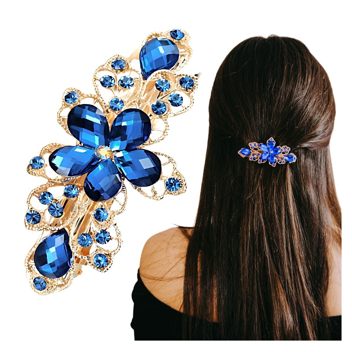 Spinka do Włosów Złota Niebieska z Cyrkoniami w Kwiaty Wygodna i Efektowna