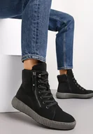 Botki damskie - Czarne Traperki Sportowe ze Sznurowaniem i Ociepleniem Persetina - miniaturka - grafika 1