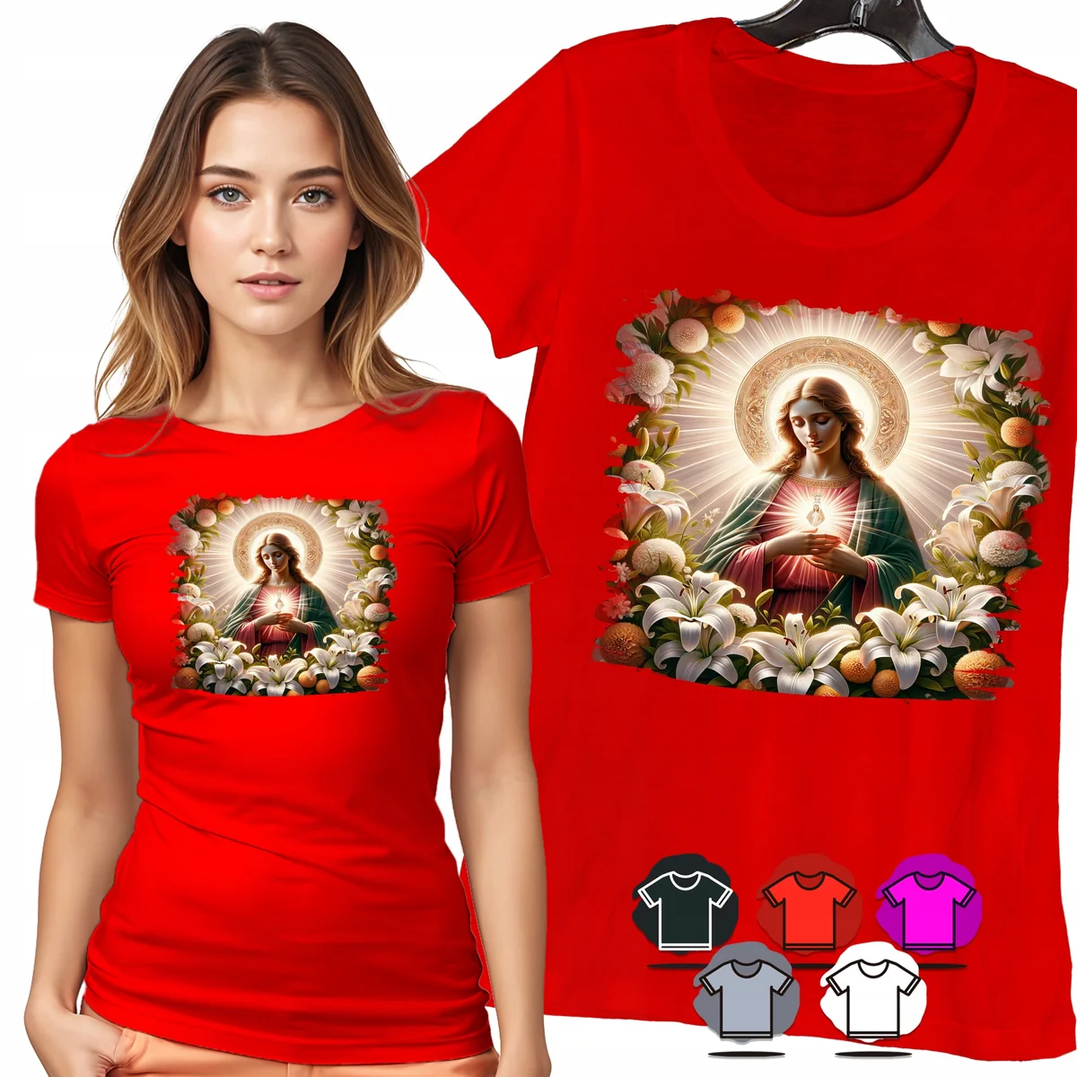 KOSZULKA DAMSKA T-SHIRT - MARYJA SERCE KWIATY WIARA DELIKATNY WZÓR - S