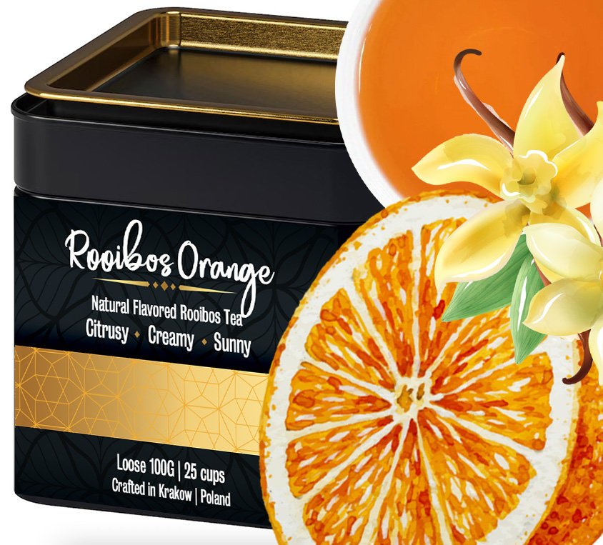 Rooibos Orange Herbata w Metalowej Puszce Naturalne Aromaty Bezkofeinowa Ziołowa z Kremową Nutą Cytrusów Puszka 100g