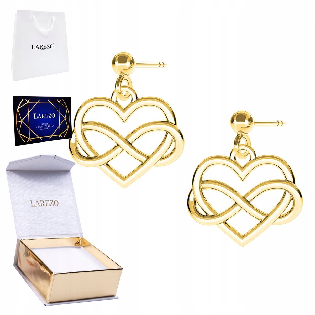 Złote Kolczyki 925 z Nieskończonością Sercem Love Serca Nieskończoność 24K