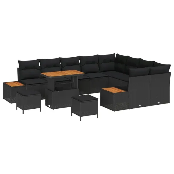 Zestaw Sofa Ogrodowa Modułowa, 5 Osób, Polirattan Czarny, Drewno Akacjowe