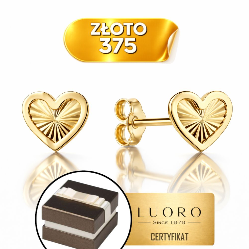 KOLCZYKI ZŁOTE 375 SERCA DIAMENTOWANE SZTYFT DELIKATNE 07 MM