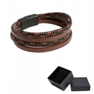 Bransolety męskie - Skórzana Bransoletka Męska Zapleciona Ciemny Brąz Tytanowa Na Prezent 4w1 - miniaturka - grafika 1