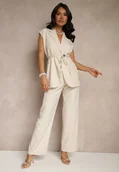 Komplety damskie - Beżowy Garniturowy Komplet Kamizelka z Wiązaniem i Spodnie o Szerokim Kroju Davielis - miniaturka - grafika 1