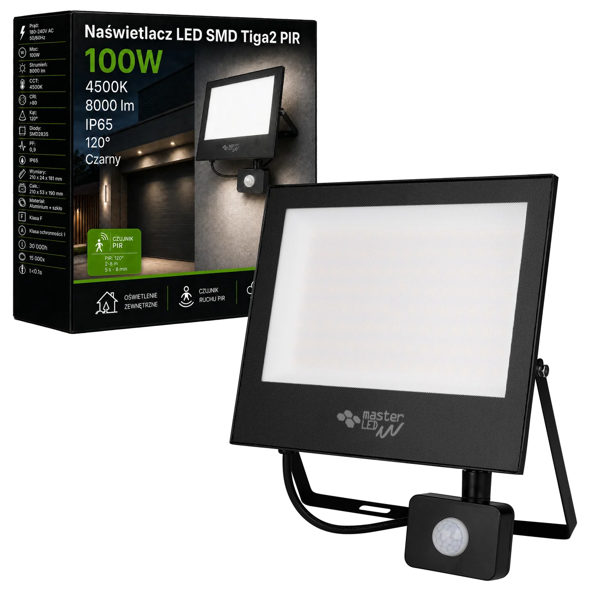 Naświetlacz LED SMD Tiga2 100W 4500K Czarny PIR