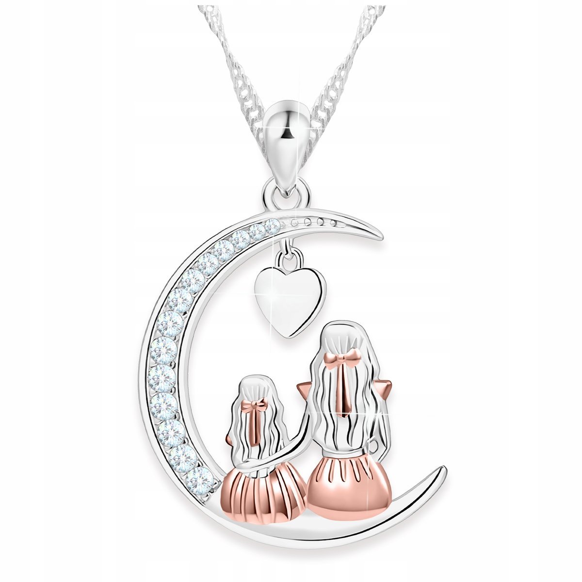 Naszyjnik Matka z Dzieckiem Księżyc z Cyrkoniami Rodzina Serce SREBRO 925