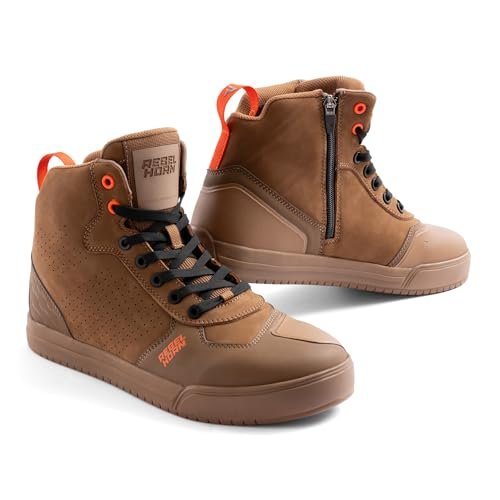 REBELHORN Spike buty motocyklowe dla mężczyzn i kobiet, perforowana skóra, ochrona kostek, palców i pięty, długi zamek błyskawiczny, rozmiary do 48, brązowy, 45 EU