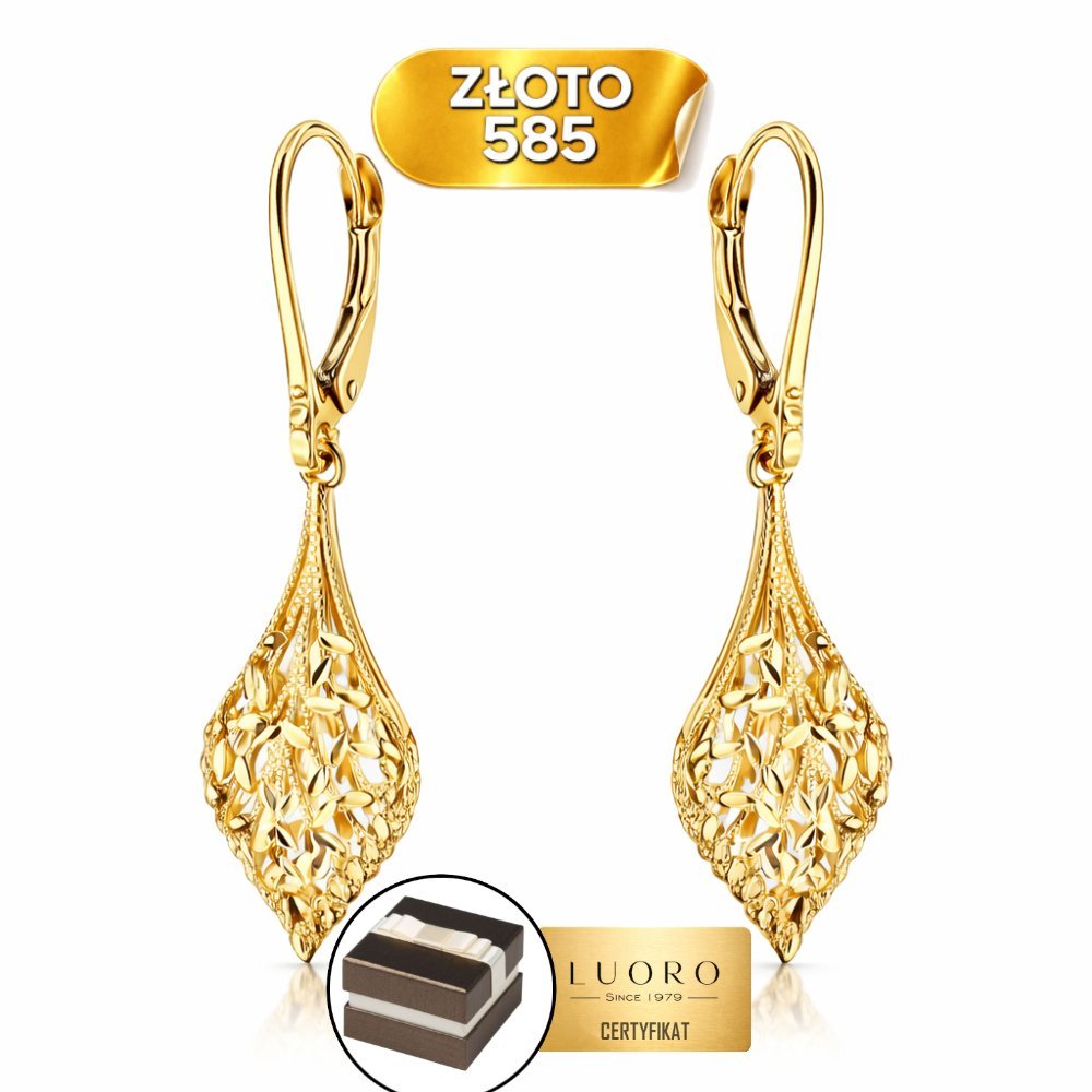 KOLCZYKI ZŁOTE 585 14K LISTKI DIAMENTOWANIE ZAPIĘCIE ANGIELSKIE 45 MM