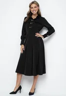 Sukienki - Czarna Rozkloszowana Sukienka o Koszulowym Kroju z Imitacją Kieszeni i Gumką w Talii Rizza - miniaturka - grafika 1