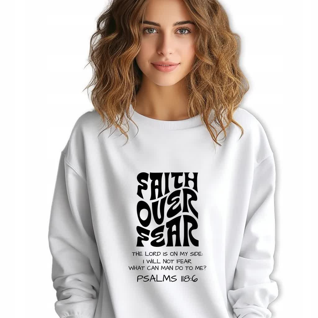 Bluza Biała Damska Dresowa FAITH OVER FEAR Stylowa Modna Wzory Rozmiar M