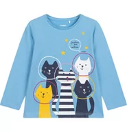 Bluzki dla dziewczynek - T-shirt z długim rękawem dla dziewczynki, z kotami, błękitny 3-8 lat - miniaturka - grafika 1