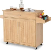 Wózki kuchenne - KOMFOTTEU wózek kuchenny wózek do serwowania z blatem, szafka kuchenna drewniana na kółkach, wyspa kuchenna wózek kuchenny z szufladą i regulowaną półką, stojak na przyprawy, wózek kuchenny 116x40x85cm (naturalny) - miniaturka - grafika 1