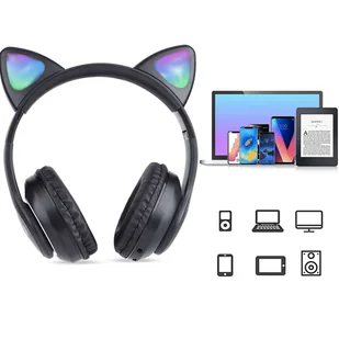 Alogy Słuchawki bezprzewodowe nauszne LED RGB Bluetooth 5.0 FM MP3 radio Kocie uszy świecące Czarne - Słuchawki - miniaturka - grafika 6