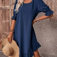 Sukienki - TEMU Kobieca Elegancka Sukienka A-Line z Falbankami i Krótkimi Rękawami - Jednokolorowa, Okrągły Dekolt, Pranie Maszynowe, Wiosna/, Casual - miniaturka - grafika 1