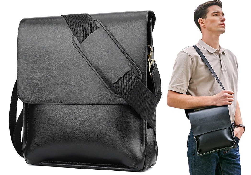 TORBA MĘSKA SKÓRZANA LISTONOSZKA NA RAMIĘ SASZETKA Z KLAPĄ CZARNA