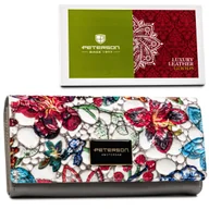 Portfele - Duży klasyczny portfel damski z lakierowanej skóry naturalnej szary z kolorową klapką PETERSON rozbudowany na karty gotówkę pudełko prezentowe ochro.. - miniaturka - grafika 1