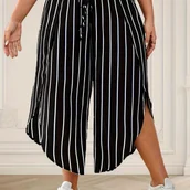 Inne - TEMU Spodnie w paski dla puszystych, luźne, szerokie spodnie o wysokim stanie na wiosnę i , odzież dla puszystych kobiet - miniaturka - grafika 1