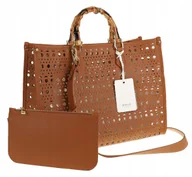 Torebki damskie - Phil Firenze Włoska Torebka Damska Ażurowa 2w1 Shopper Modna PH4845 Brown - miniaturka - grafika 1
