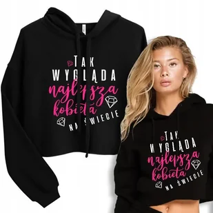 Bluza Dresowa Krótka Czarna Z Kapturem NAJLEPSZA KOBIETA NA ŚWIECIE Wz - S - Bluzy damskie - miniaturka - grafika 1
