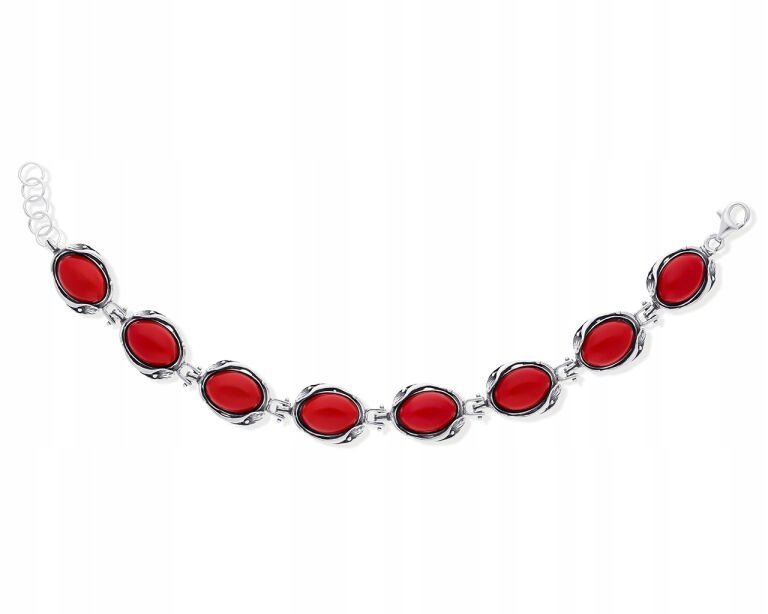 Bransoletka Srebrna Damska z Czerwonym Koralem Szeroka pr.925