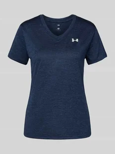 T-shirt z prążkowanym dekoltem w serek - Koszulki i topy damskie - miniaturka - grafika 1