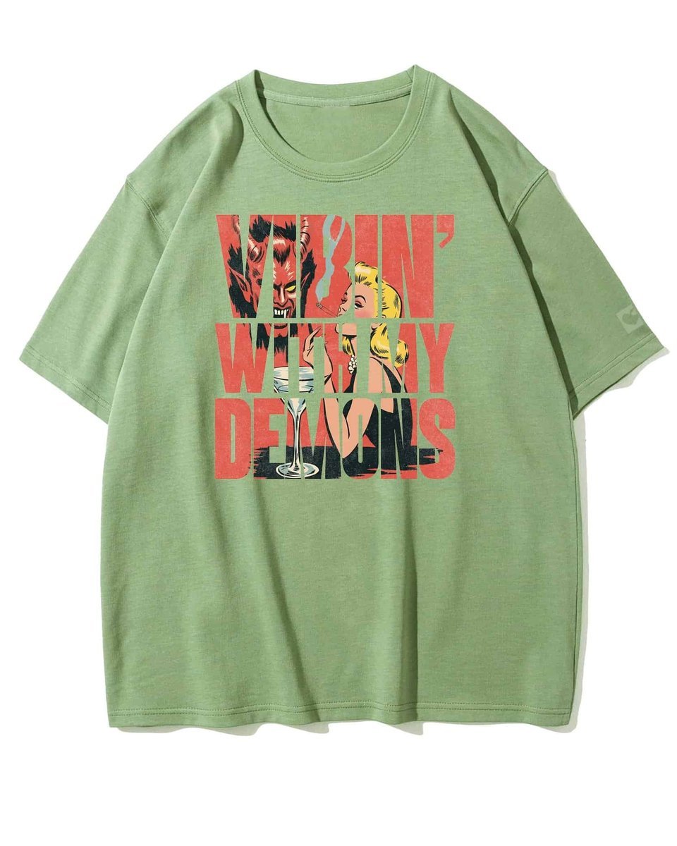 Koszulka oversize Pakt z Demonami Dark Vibes Retro Nadruk Matcha XL