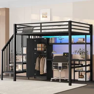Łóżka dla dzieci i młodzieży - Łóżko piętrowe metalowe 140x200 cm - Z biurkiem i szafą - Schody do przechowywania - Z oświetleniem LED - Czarne - miniaturka - grafika 1