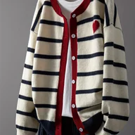 Swetry damskie - TEMU Modny Kardigan w Paski z Detalem - Beżowy i Granatowy, Długi Rękaw, Zapinany na Guziki, Idealny na Jesień/Zimę, Moda Damska, Styl Casual, - miniaturka - grafika 1