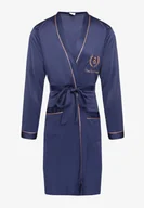 Szlafroki męskie - Granatowy Szlafrok z Bawełną Zdobiony Elegancką Lamówką i Aplikacją z Wiązanym Paskiem Attelora - miniaturka - grafika 1