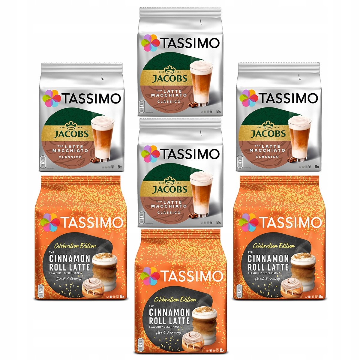 Kapsułki Tassimo Latte Macchiato Classico & Cinnamon Roll Latte 6+1 Gratis!